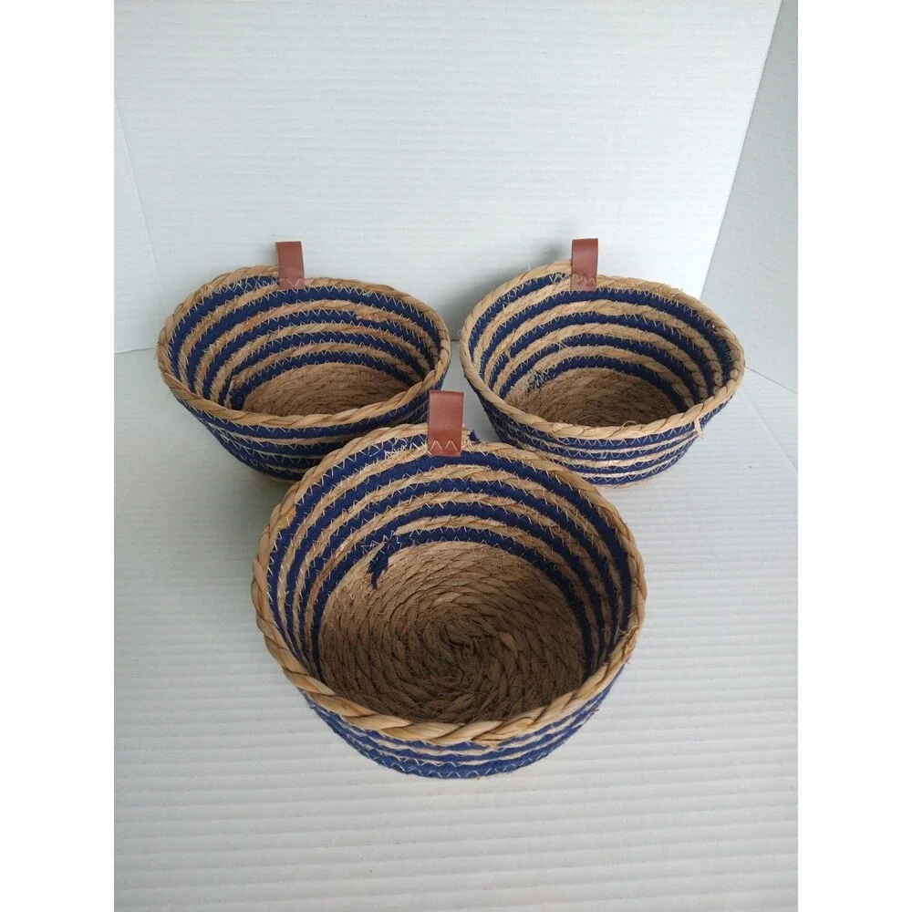Lot of 3 Seagrass Baskets Navy Stripe Faux Leather 7